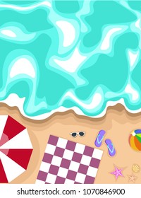 Vector beach with waves, umbrellas, bright towel, and inflatable ball, rest on the beach in the summer.