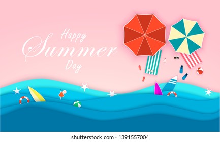 Vector beach with waves, umbrellas, bright towels and blue surfing board