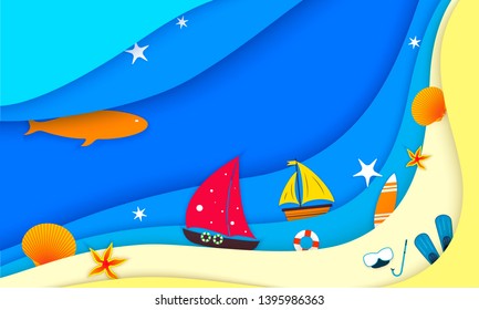 Vector beach with waves, umbrellas, bright towels and blue surfing board