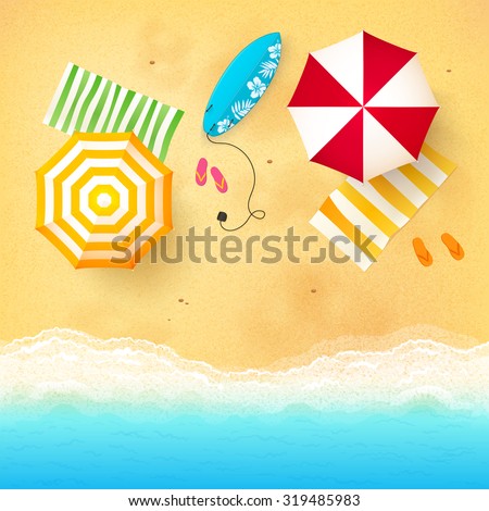 Vector beach with waves, umbrellas, bright towels and blue surfing board