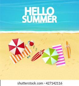 Vector beach with waves, umbrellas, towels and surfing board