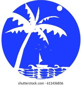 Vector beach with waves,coconut, birds, sun ,boat