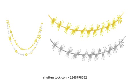 Vector beads and tinsels isolated on white background. Gold and silver christmas decoration. Beautiful garland for holiday design