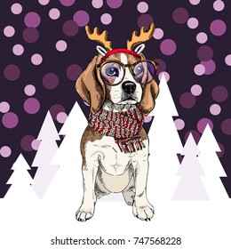 Vector beagle dog wearing reindeer antlers tiara, glasses and scarf. Isolated on snowy trees and sparklers. Sketched color illustration. Christmas, Xmas, New year. Party decoration, greeting card.