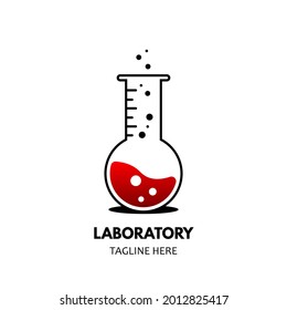 Vector of beaker glass, tube, chemical, laboratory, chemistry with red liquid. Abstract geometric, simple creative logo illustration. Used for branding symbol and icon of science. Isolated background.