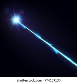 Vector beam of light shining through space with dark background, particles and bokeh.
