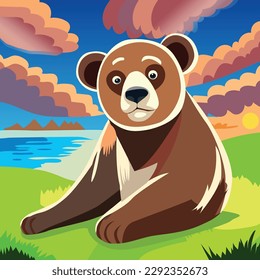 Vector bear animal cartoon sitting on a grassy hill, sea, and clouds in the sky illustration