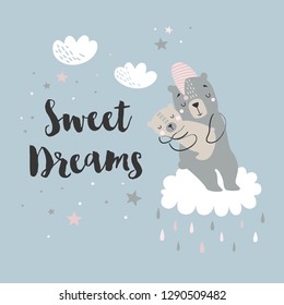 Vector bear with baby bear, clouds and stars, cute characters poster for baby room, greeting card, kids and baby t-shirts and wear
