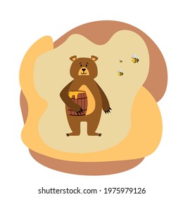 vector bear with a barrel of honey. flat image of a brown bear. the bear is standing and holding a barrel of honey