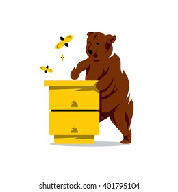 Vector Bear, Bees and Hive Cartoon Illustration. Wild beast trying to get in the apiary honey Branding Identity Corporate unusual Logo isolated on a white background