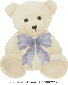 Vector, bear with bow, fluffy teddy bear, toy, plush toy, gift, gift toy, present, festive, toy for birthday, icon. Watercolor illustration, Greeting cards, invitation, party, baby shower, birthday.