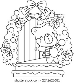 a vector of a bear celebrating Christmas with a greetings in black and white colouring