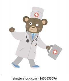 Vector bear doctor going with first aid kit and waving his hand. Cute funny animal character. Medicine picture for children. Healthcare icon isolated on white background