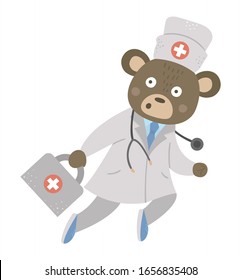 Vector bear doctor running with stethoscope and first aid kit. Cute funny animal character. Medicine picture for children. Healthcare icon isolated on white background