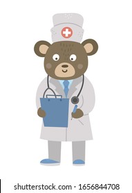 Vector bear doctor with stethoscope writing an anamnesis. Cute funny animal character. Medicine picture for children. Healthcare icon isolated on white background