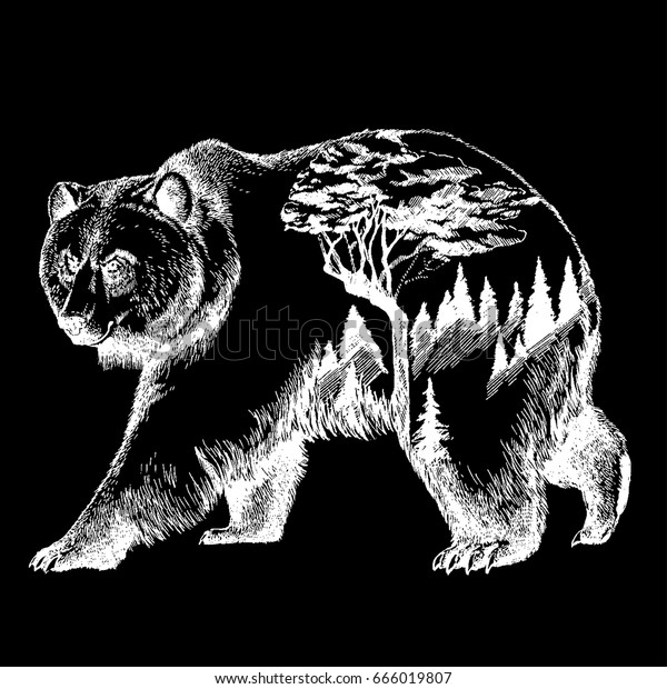 Vector Bear Double Exposure Tattoo Art Stock Vector (Royalty Free ...