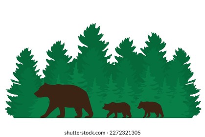 vector bear family, mama bear, babies, forest.