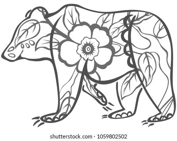 Vector bear with floral ornaments - double exposure
