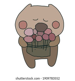 vector bear with flowers brown and green hand drawn