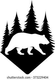 Vector bear in the forest negative badge shape logo. Park outdoor hiking nature wildlife grizzly