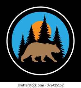 Vector bear in forest wildlife outdoor nature park at the daylight under the sun. Badge shape illustration.