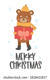 Vector bear in hat and scarf with present and snowflakes. Cute winter animal illustration. Funny Christmas card design. New Year print with smiling character
