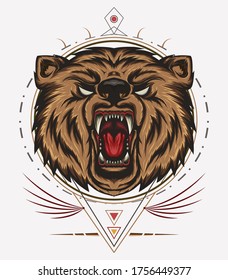 VECTOR BEAR HEAD ILLUSTRATION WITH ROAR FULL COLOR FOR T SHIRT DESIGN, angry bear mascot