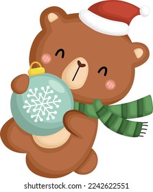 a vector of a bear holding Christmas decoration