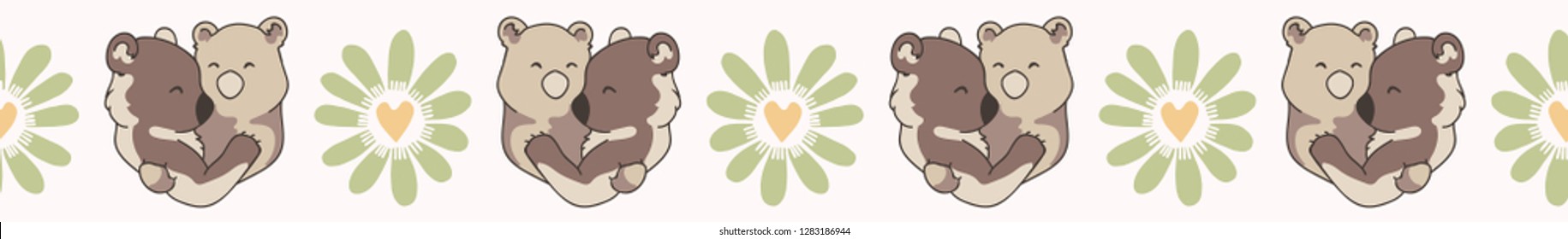 Vector bear hug animals with daisy heart flower. Seamless repeat border. Hand drawn 2 teddy bears hugging for romantic valentines day, wedding or anniversary banner ribbon. Free hug connect concept.