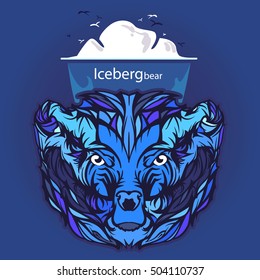 Vector bear with iceberg on background and flying birds.