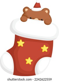 a vector of a bear inside a Christmas themed sock