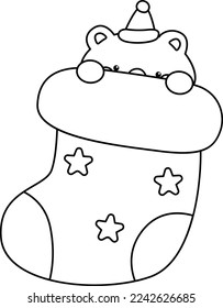 a vector of a bear inside a Christmas themed sock in black and white colouring