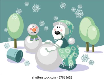 Vector. Bear make snowman color 16. More Cartoons see in portfolio
