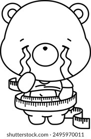 a vector of a bear measuring his waist in black and white coloring