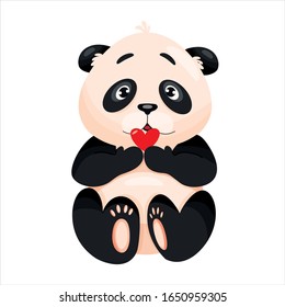 Vector bear panda holding heart isolated on white background. Cute baby panda with heart. Flat stock vector illustration.