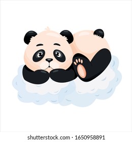 Vector bear panda lying on a cloud isolated on white background. Cute baby panda, flat stock vector illustration. Panda in the clouds. Minimal image