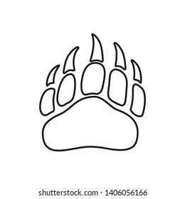 Vector bear paw footstep silhouette for logo, icon, poster, banner. Wild animal paw print with claws. The trail of bear, imprint. Wildlife story, problems of ecology, sign of hunters, brave men symbol
