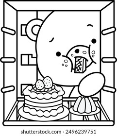 a vector of a bear peeking into a fridge looking for food in black and white coloring