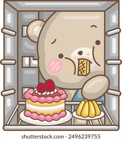 a vector of a bear peeking into a fridge looking for food