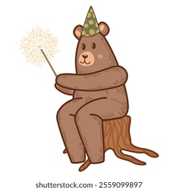 Vector bear in a polka-dot party hat holding a glowing sparkler. Rustic, playful illustration perfect for festive event decor or cards. For birthday materials, woodland-themed graphics, or invitations