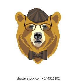 vector bear portrait in vintage golf style cap with bow and glasses