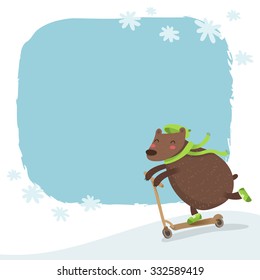 Vector bear riding a scooter, winter background with snowy hill, falling snowflakes and space for text