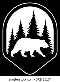 Vector bear silhouette in forest wildlife outdoor nature park. Badge shape illustration