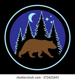 Vector bear silhouette in forest wildlife outdoor nature park in the night under the moon and stars. Badge shape illustration