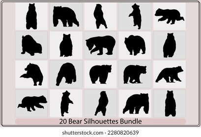 vector bear silhouette,various bear silhouettes,Bear silhouette,animal illustration, bear illustration,brown bear silhouette set,