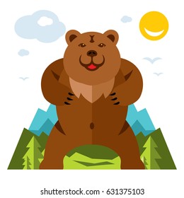 Vector Bear standing on the feet. Flat style colorful Cartoon illustration.
