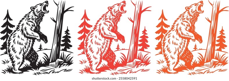 A vector bear standing on its hind legs, roaring fiercely. Detailed fur texture