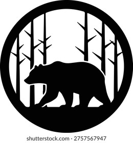 Vector Bear walking through forest in circle frame silhouette illustration