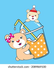 vector bear who likes boba drink