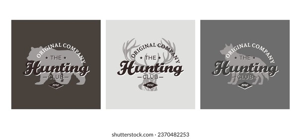 Vector bear wolf elk hunting club logo silhouette isolated wild animal, logo with grizzly, vector image template print for t-shirt hunt design